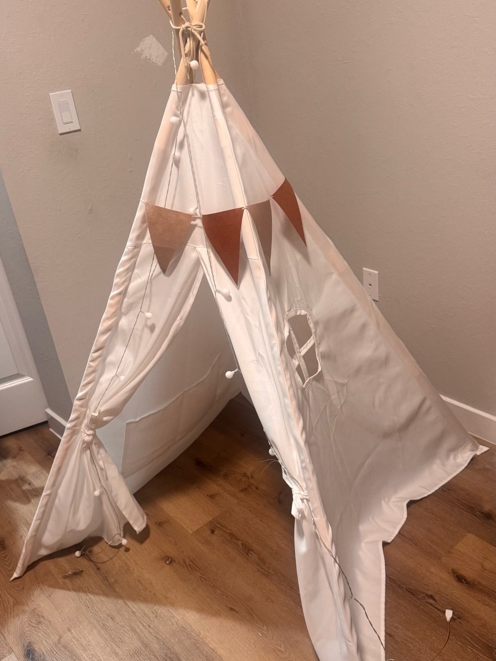 Children's Cream Canvas Teepee with Brown Pennant Bunting